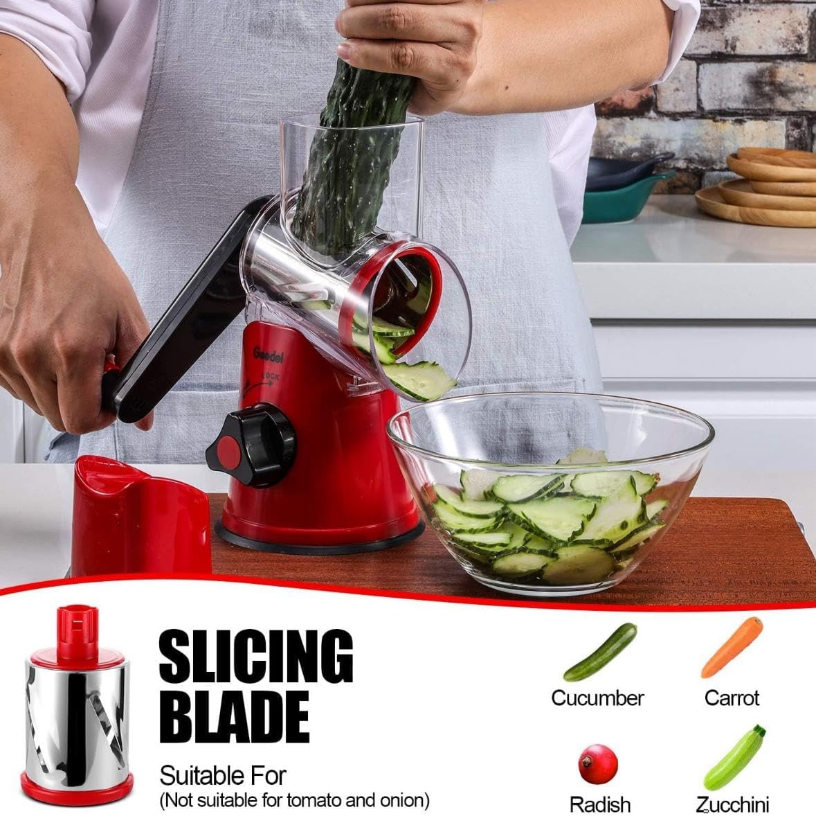 Kitchen Rotary Cheese Grater & Manual Mandoline Slicer – 3 Interchangeable Stainless Steel Drum Blades for Shredding, Slicing & Grinding Cheese, Vegetables & Nuts – Easy Clean Design with Bonus Brush