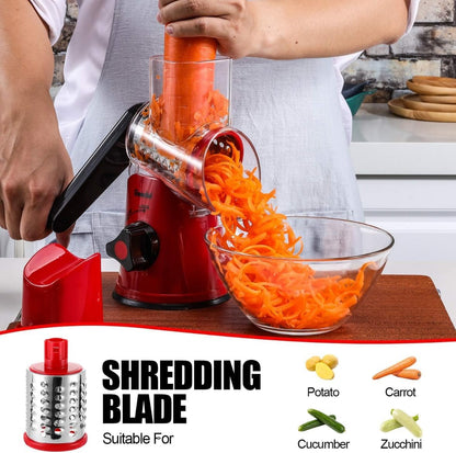 Kitchen Rotary Cheese Grater & Manual Mandoline Slicer – 3 Interchangeable Stainless Steel Drum Blades for Shredding, Slicing & Grinding Cheese, Vegetables & Nuts – Easy Clean Design with Bonus Brush