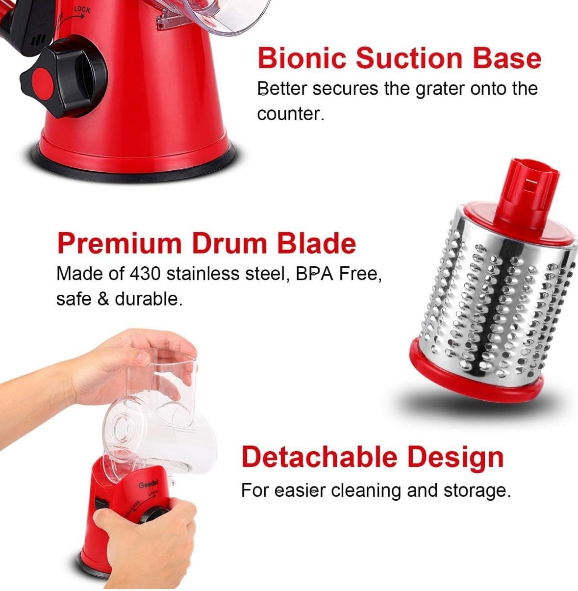 Kitchen Rotary Cheese Grater & Manual Mandoline Slicer – 3 Interchangeable Stainless Steel Drum Blades for Shredding, Slicing & Grinding Cheese, Vegetables & Nuts – Easy Clean Design with Bonus Brush