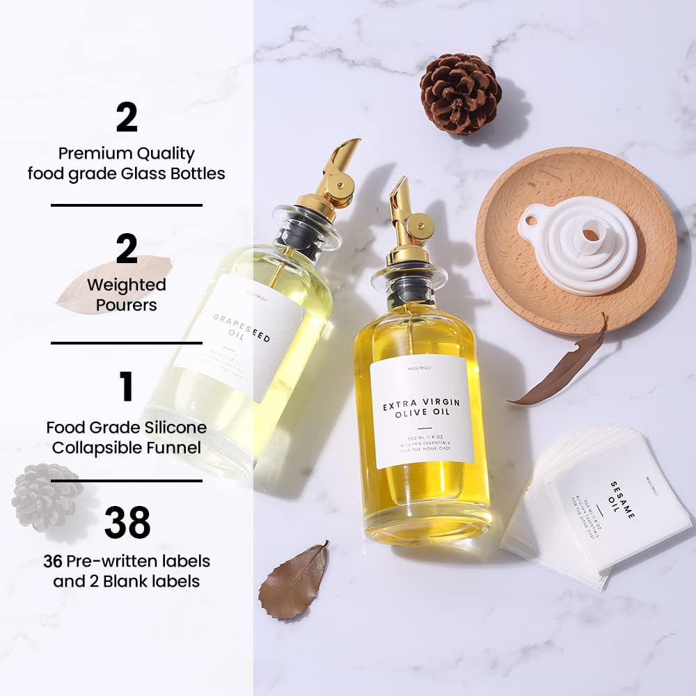 Premium Olive Oil Dispenser Bottles for Kitchen with Pourer - Oil and Vinegar Dispenser Set, Glass Dispenser for Kitchen, Dispenser Bottle of 350ml - Set of 2