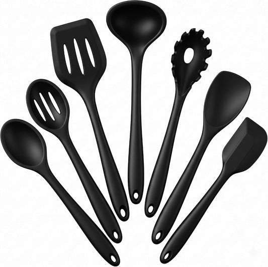Silicone Cooking Utensils Set, 7-Piece Black Heat Resistant Kitchen Utensils Set, Kitchen Nonstick Tools Spatula Ladle Spoon Pasta Server for Non-stick Cookware, Non-Toxic & Dishwasher safe