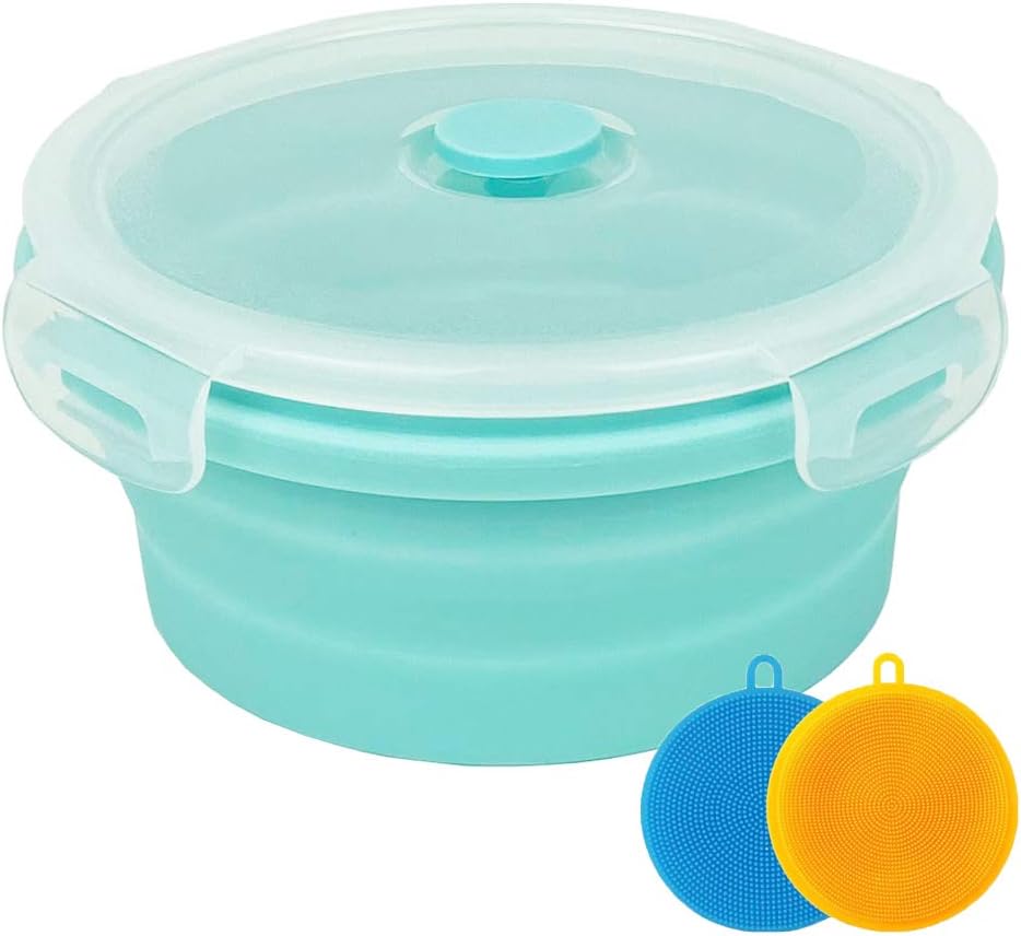 Collapsible Bowl Silicone Collapsible Container Food Storage Containers Collapsible Camping Bowl for Travel Camping Hiking with Airtight Plastic Lids and 2Pack Silicone Dish Sponges- Blue, 1200ml