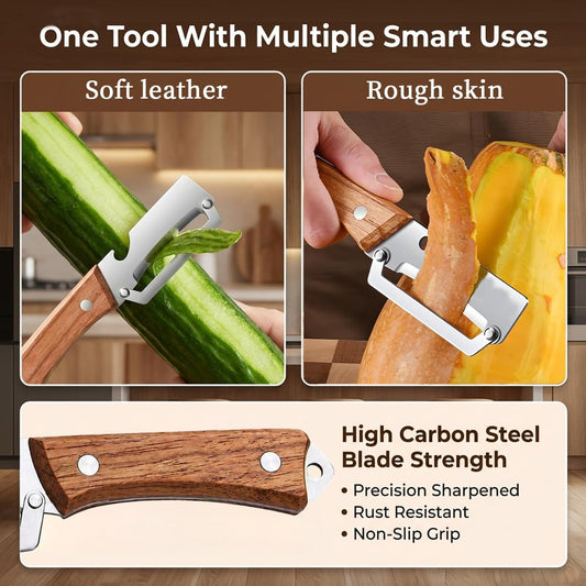 2 Pack Multifunctional Vegetable Peeler, 3-in-1 Peelers For Kitchen with Bottle Opener, Sharp Stainless Steel Swivel Blade, Wooden Handle, Grater & Bottle Opener for Carrot, Apple, Fruit & Vegetable