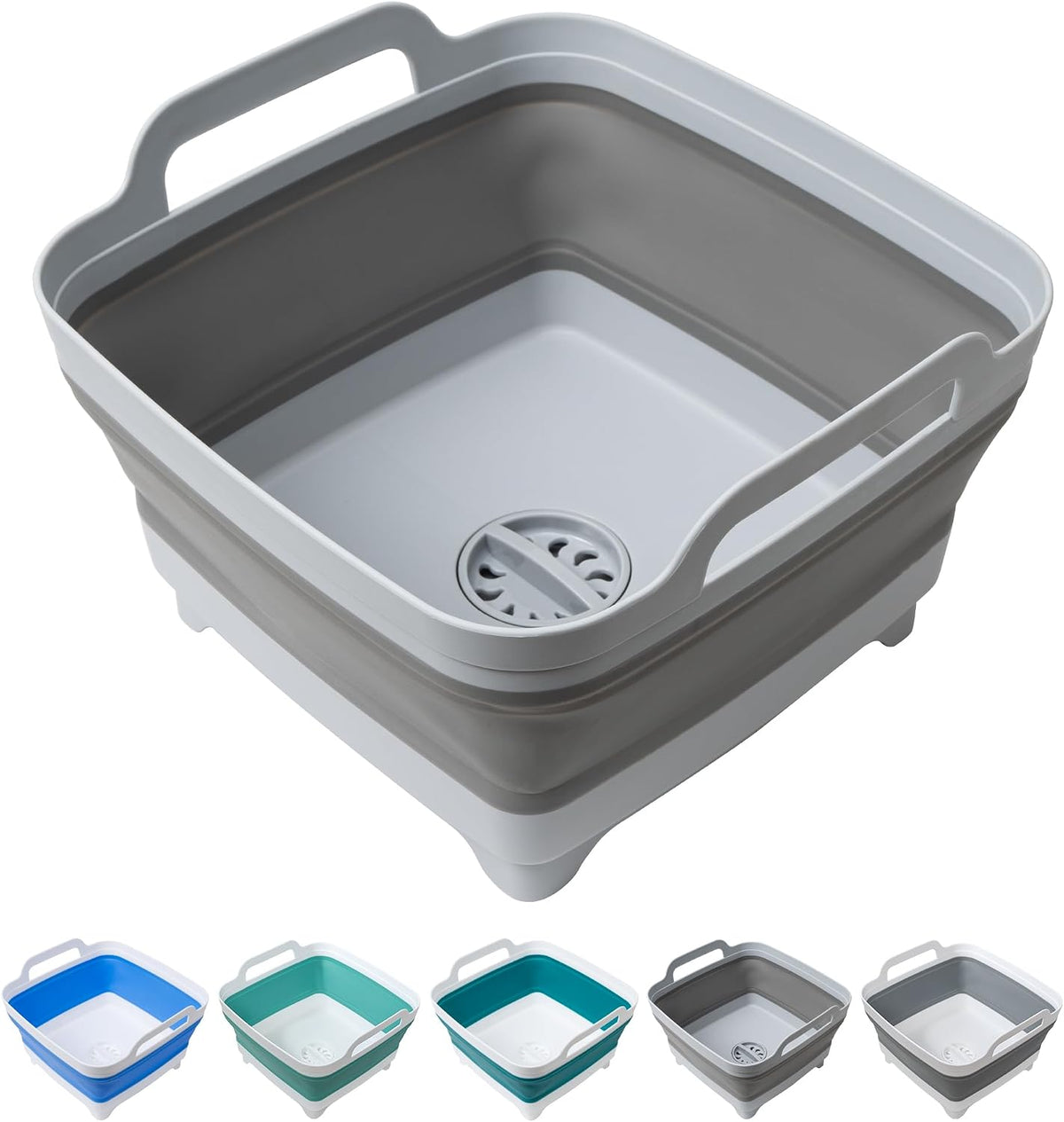 Dishpan for Washing Dishes, 2.4Gal/9L Wash Basin with Draining Plug Carry Handles, Collapsible Bucket for Cleaning, Portable Sink, Foldable Plastic Tub, 1PC