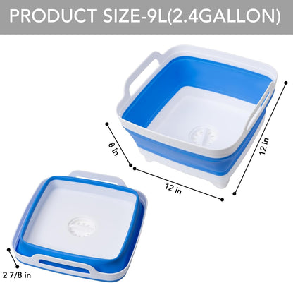 Dishpan for Washing Dishes, 2.4Gal/9L Wash Basin with Draining Plug Carry Handles, Collapsible Bucket for Cleaning, Portable Sink, Foldable Plastic Tub, 1PC