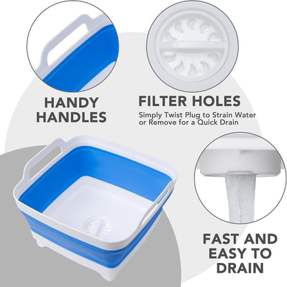 Dishpan for Washing Dishes, 2.4Gal/9L Wash Basin with Draining Plug Carry Handles, Collapsible Bucket for Cleaning, Portable Sink, Foldable Plastic Tub, 1PC