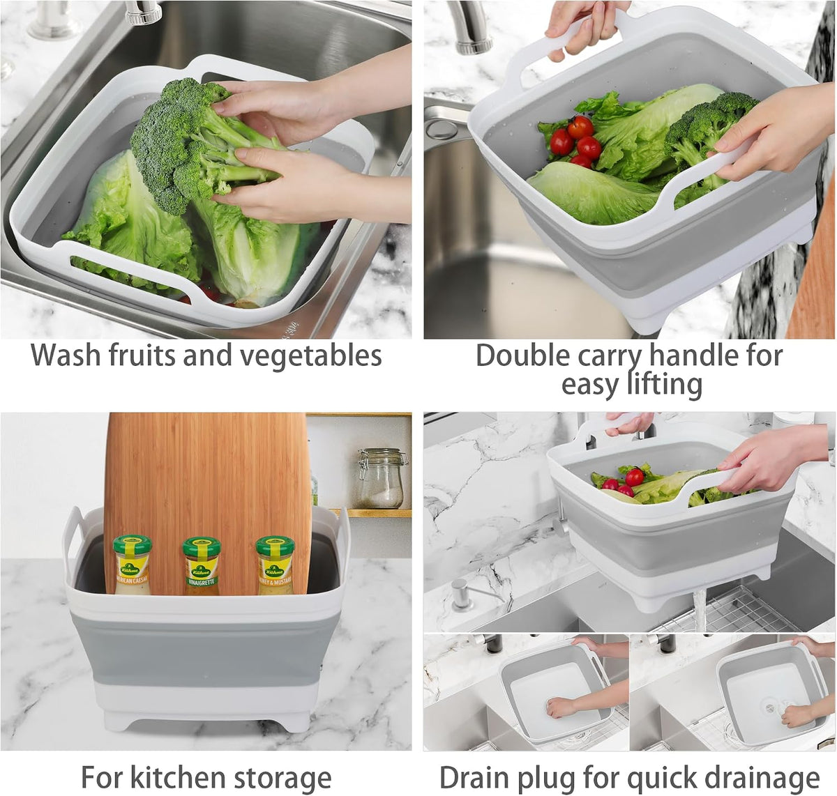 Dishpan for Washing Dishes, 2.4Gal/9L Wash Basin with Draining Plug Carry Handles, Collapsible Bucket for Cleaning, Portable Sink, Foldable Plastic Tub, 1PC