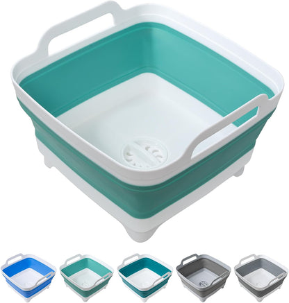 Dishpan for Washing Dishes, 2.4Gal/9L Wash Basin with Draining Plug Carry Handles, Collapsible Bucket for Cleaning, Portable Sink, Foldable Plastic Tub, 1PC