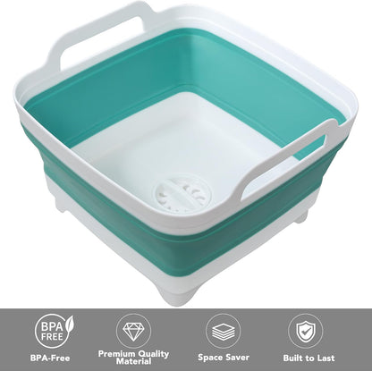 Dishpan for Washing Dishes, 2.4Gal/9L Wash Basin with Draining Plug Carry Handles, Collapsible Bucket for Cleaning, Portable Sink, Foldable Plastic Tub, 1PC