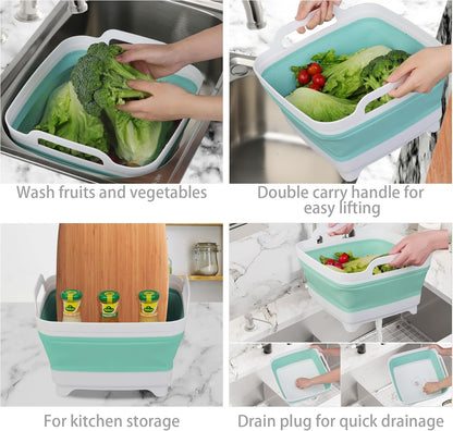 Dishpan for Washing Dishes, 2.4Gal/9L Wash Basin with Draining Plug Carry Handles, Collapsible Bucket for Cleaning, Portable Sink, Foldable Plastic Tub, 1PC