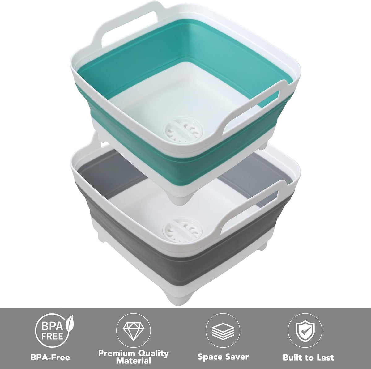 Dishpan for Washing Dishes, 2.4Gal/9L Wash Basin with Draining Plug Carry Handles, Collapsible Bucket for Cleaning, Portable Sink, Foldable Plastic Tub, 1PC