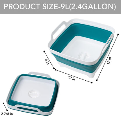 Dishpan for Washing Dishes, 2.4Gal/9L Wash Basin with Draining Plug Carry Handles, Collapsible Bucket for Cleaning, Portable Sink, Foldable Plastic Tub, 1PC