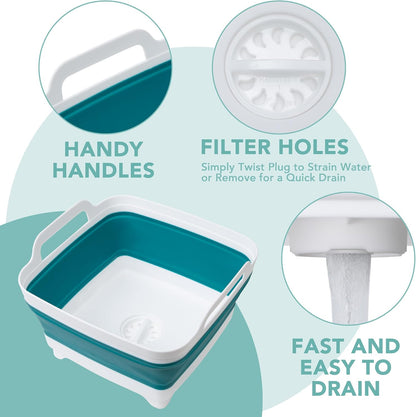 Dishpan for Washing Dishes, 2.4Gal/9L Wash Basin with Draining Plug Carry Handles, Collapsible Bucket for Cleaning, Portable Sink, Foldable Plastic Tub, 1PC