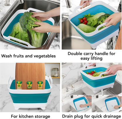 Dishpan for Washing Dishes, 2.4Gal/9L Wash Basin with Draining Plug Carry Handles, Collapsible Bucket for Cleaning, Portable Sink, Foldable Plastic Tub, 1PC