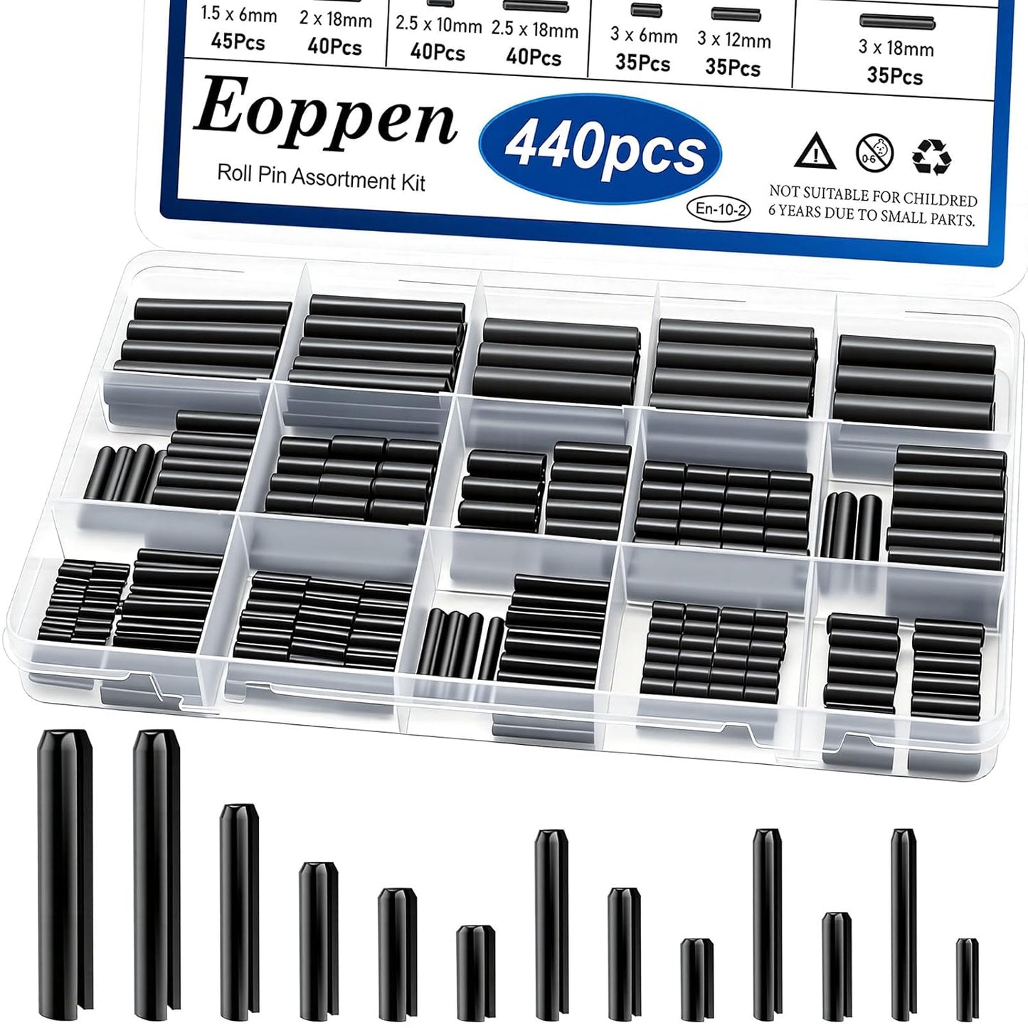 230Pcs SAE Roll Pin Assortment Set - Slotted Spring Pins Steel Split Expansion Pin 10 Sizes 1/16 5/64 3/32 1/8 5/32 3/16 7/32 1/4 5/16 3/8 Inch for Home Improvement Automotive Repair