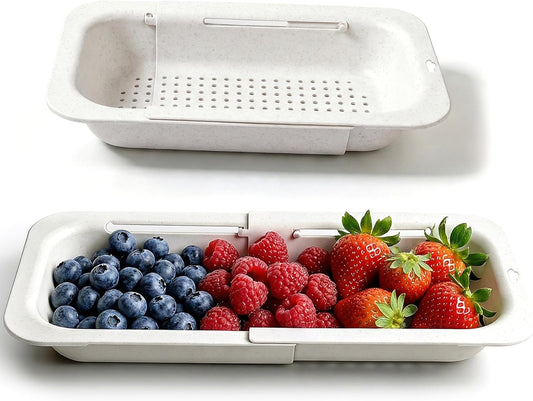Over the Sink Colander Strainer Basket, Extendable Colander and Strainer for Kitchen, Wash Vegetables and Fruits, Drain Pasta and Dry Dishes, Adjustable Colander from 13.5In to 18.7In, White