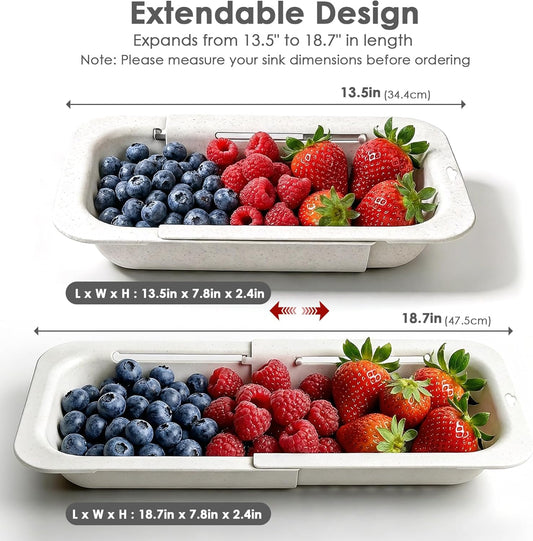 Over the Sink Colander Strainer Basket, Extendable Colander and Strainer for Kitchen, Wash Vegetables and Fruits, Drain Pasta and Dry Dishes, Adjustable Colander from 13.5In to 18.7In, White