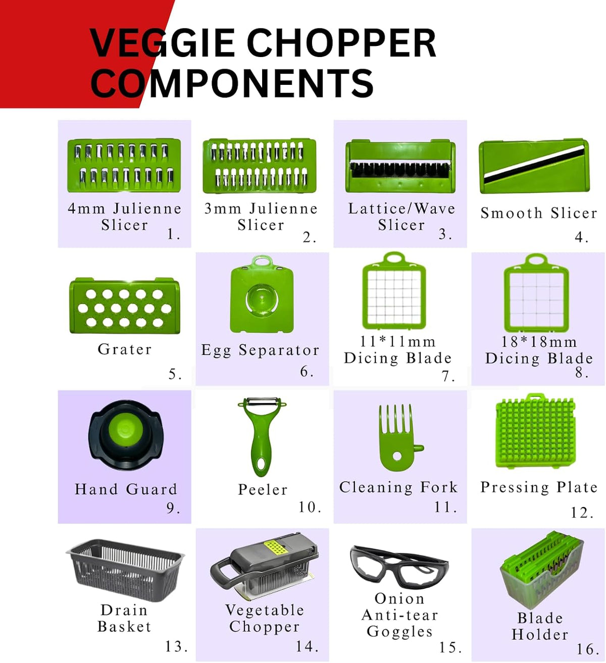 17 in 1 Vegetable Chopper Mandoline Slicer – All In One Veggie Cutter Food Grater Includes Onion Goggles, Egg Separator, Hand Guard – Sharp Stainless Steel Blades – 2 in 1 Drain Basket
