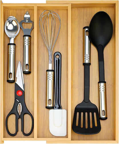 Large Bamboo Kitchen Utensil Drawer Organizer Expandable Silverware Tray | Big Cooking Utensil Drawer Divider Spoon Flatware Organizer Storage Adjustable Wooden Cutlery Holder Tool Knife Spatula Tray