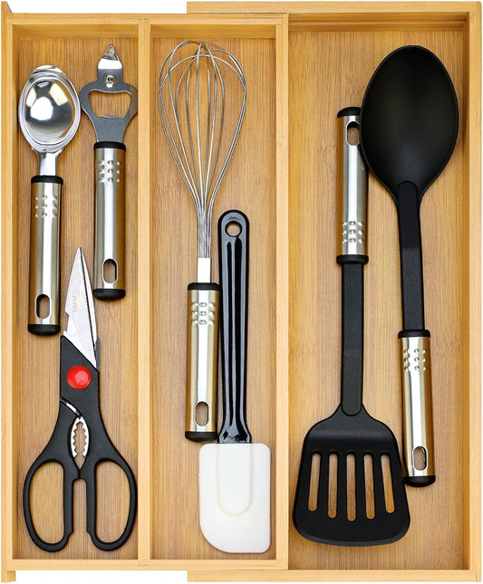 Large Bamboo Kitchen Utensil Drawer Organizer Expandable Silverware Tray | Big Cooking Utensil Drawer Divider Spoon Flatware Organizer Storage Adjustable Wooden Cutlery Holder Tool Knife Spatula Tray