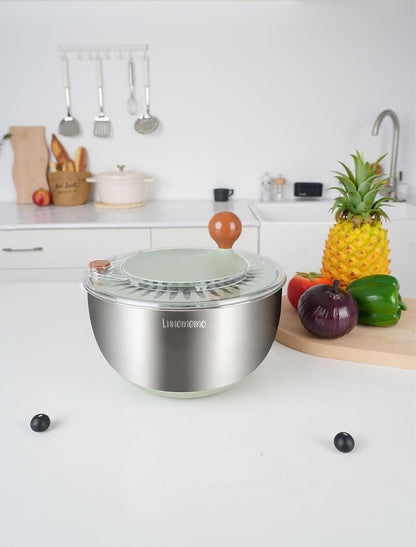 Lunememo Stainless Steel Salad Spinner, BPA Free, Quick Dry & Stop, 5.3 Qt