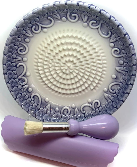 Premium Ceramic Garlic Grater Plate Set - Purple Embossed | Includes 5.25" Plate, Peeler, Brush, and Stand - For Strawberries, Ginger, Chocolate, Cheese, and more - Make your own puree!
