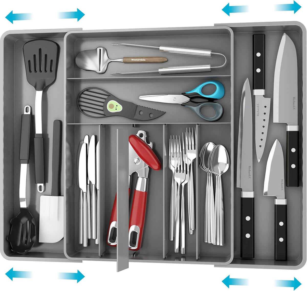 Expandable Kitchen Drawer Flatware Organizer, Gray | Expandable Kitchen Drawer Flatware Organizer, Gray – Adjustable Cutlery Tray with 9 Compartments for Utensils and Silverware