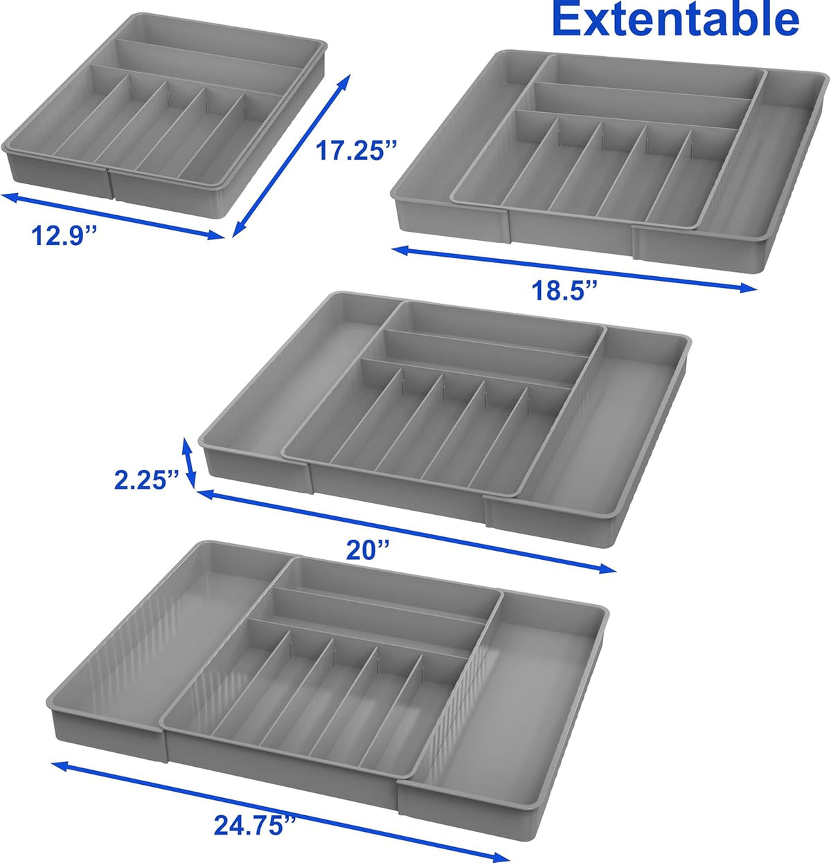 Expandable Kitchen Drawer Flatware Organizer, Gray | Expandable Kitchen Drawer Flatware Organizer, Gray – Adjustable Cutlery Tray with 9 Compartments for Utensils and Silverware