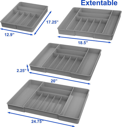 Expandable Kitchen Drawer Flatware Organizer, Gray | Expandable Kitchen Drawer Flatware Organizer, Gray – Adjustable Cutlery Tray with 9 Compartments for Utensils and Silverware