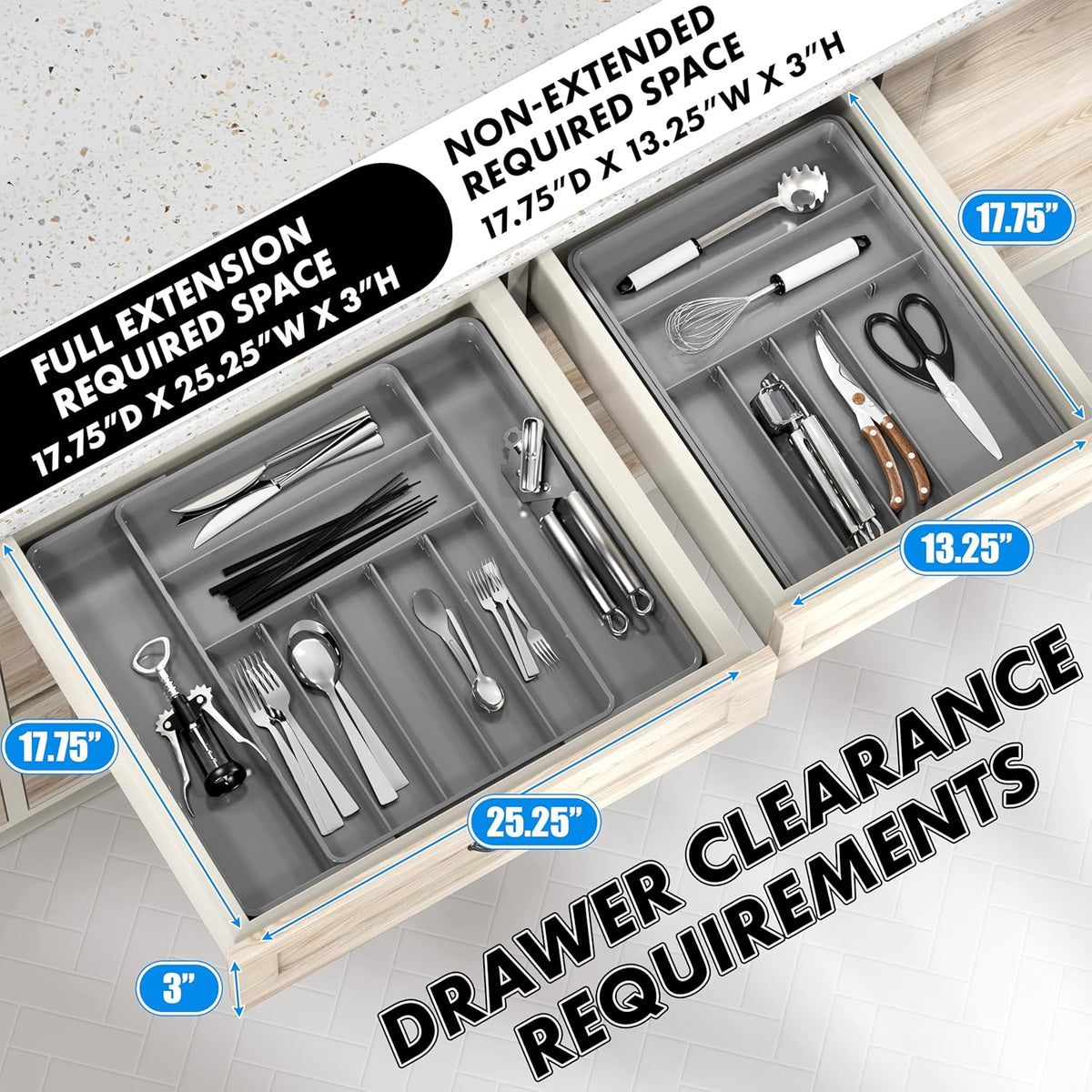 Expandable Kitchen Drawer Flatware Organizer, Gray | Expandable Kitchen Drawer Flatware Organizer, Gray – Adjustable Cutlery Tray with 9 Compartments for Utensils and Silverware