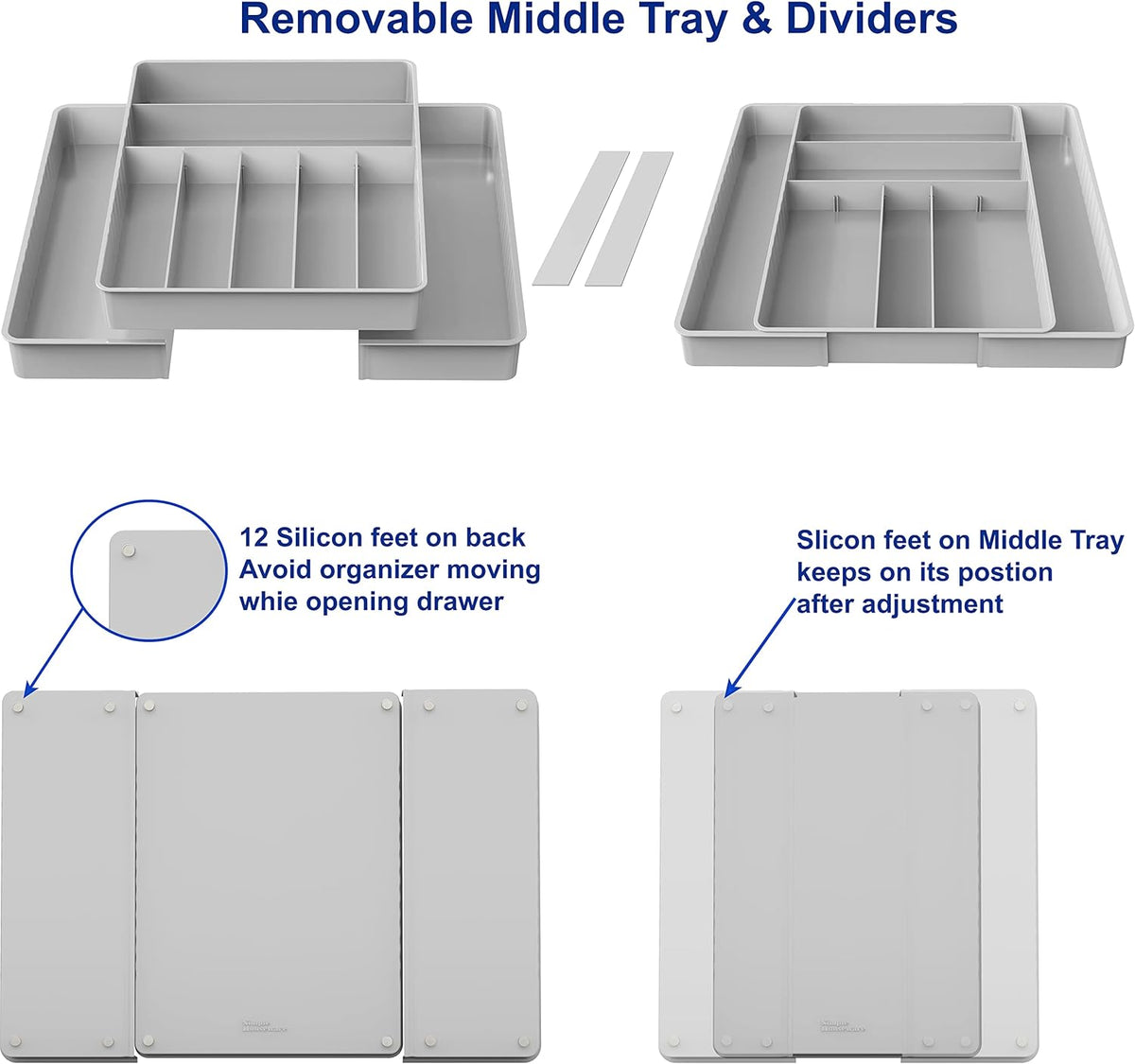Expandable Kitchen Drawer Flatware Organizer, Gray | Expandable Kitchen Drawer Flatware Organizer, Gray – Adjustable Cutlery Tray with 9 Compartments for Utensils and Silverware