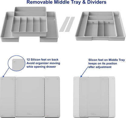 Expandable Kitchen Drawer Flatware Organizer, Gray | Expandable Kitchen Drawer Flatware Organizer, Gray – Adjustable Cutlery Tray with 9 Compartments for Utensils and Silverware