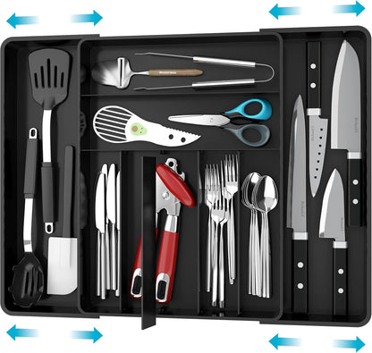 Expandable Kitchen Drawer Flatware Organizer, Gray | Expandable Kitchen Drawer Flatware Organizer, Gray – Adjustable Cutlery Tray with 9 Compartments for Utensils and Silverware