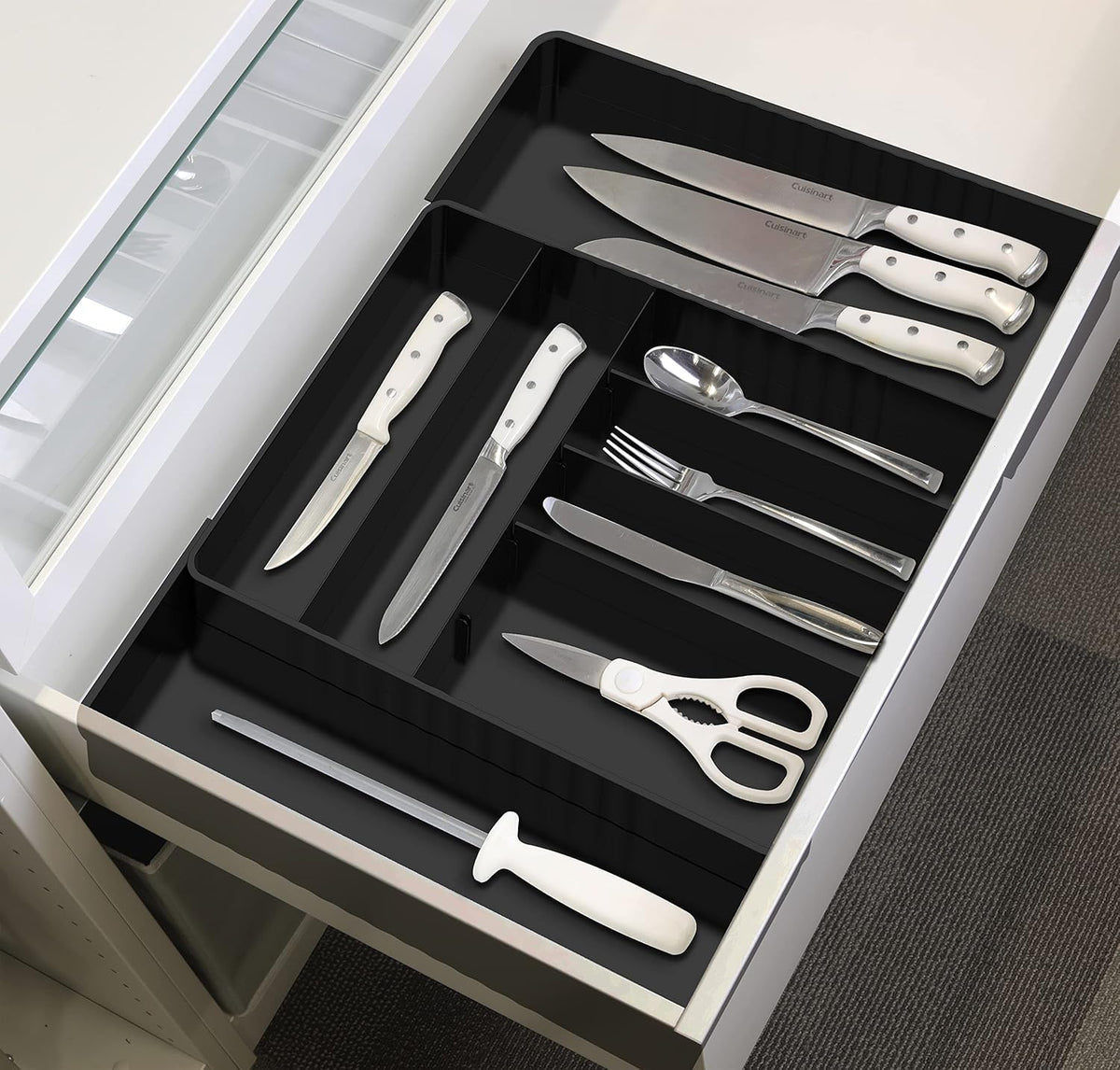 Expandable Kitchen Drawer Flatware Organizer, Gray | Expandable Kitchen Drawer Flatware Organizer, Gray – Adjustable Cutlery Tray with 9 Compartments for Utensils and Silverware
