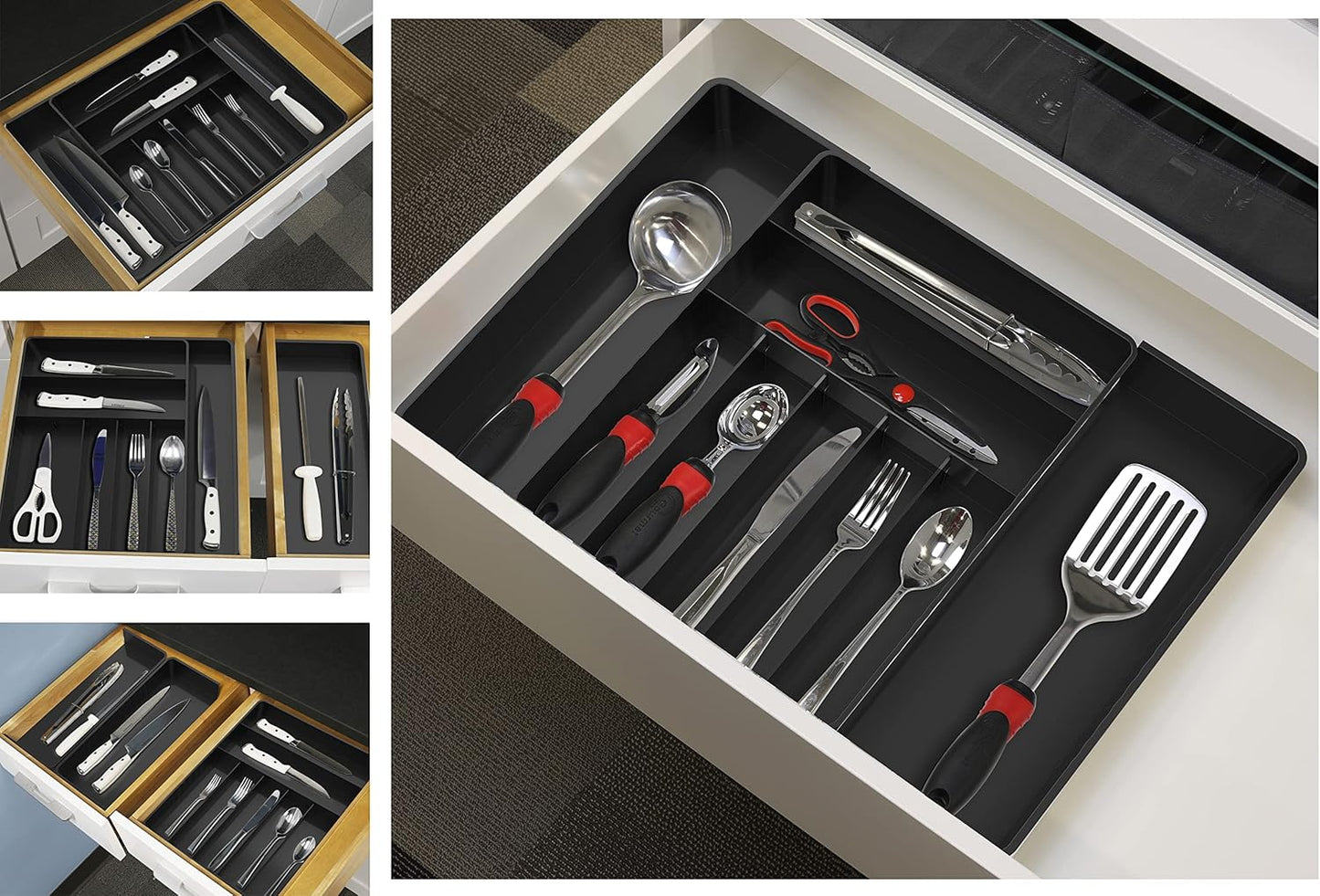 Expandable Kitchen Drawer Flatware Organizer, Gray | Expandable Kitchen Drawer Flatware Organizer, Gray – Adjustable Cutlery Tray with 9 Compartments for Utensils and Silverware