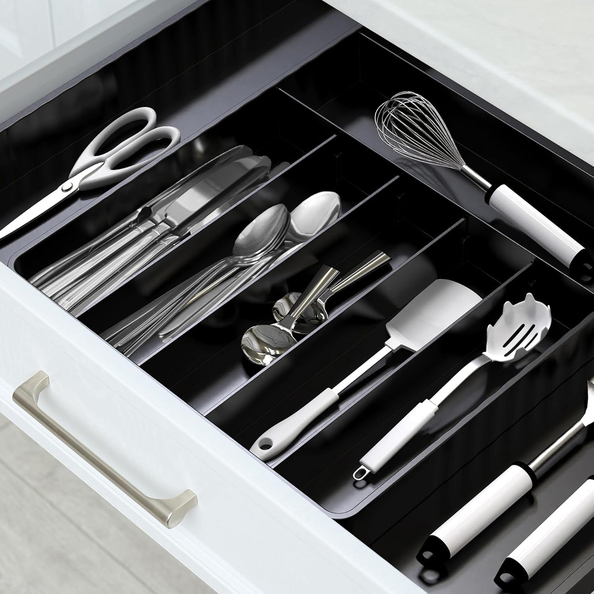Expandable Kitchen Drawer Flatware Organizer, Gray | Expandable Kitchen Drawer Flatware Organizer, Gray – Adjustable Cutlery Tray with 9 Compartments for Utensils and Silverware