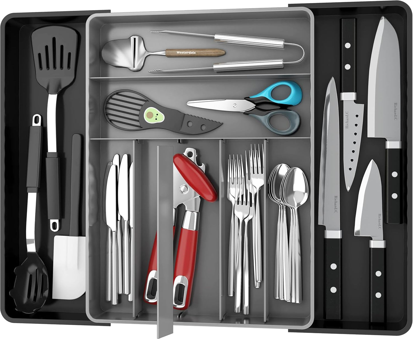 Expandable Kitchen Drawer Flatware Organizer, Gray | Expandable Kitchen Drawer Flatware Organizer, Gray – Adjustable Cutlery Tray with 9 Compartments for Utensils and Silverware