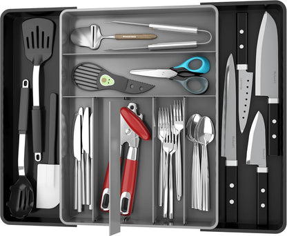 Expandable Kitchen Drawer Flatware Organizer, Gray | Expandable Kitchen Drawer Flatware Organizer, Gray – Adjustable Cutlery Tray with 9 Compartments for Utensils and Silverware