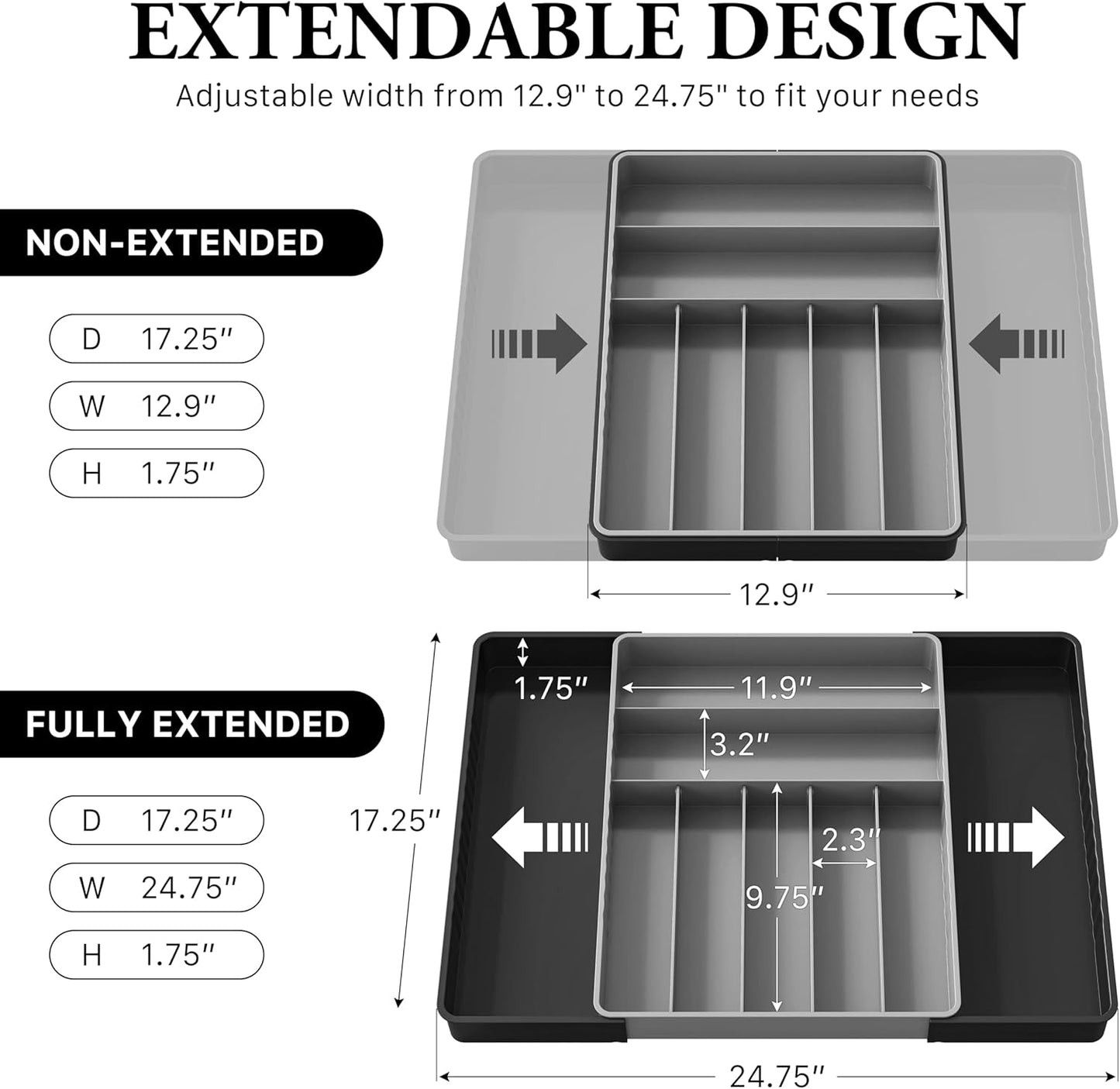 Expandable Kitchen Drawer Flatware Organizer, Gray | Expandable Kitchen Drawer Flatware Organizer, Gray – Adjustable Cutlery Tray with 9 Compartments for Utensils and Silverware