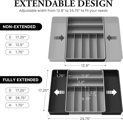 Expandable Kitchen Drawer Flatware Organizer, Gray | Expandable Kitchen Drawer Flatware Organizer, Gray – Adjustable Cutlery Tray with 9 Compartments for Utensils and Silverware