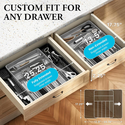 Expandable Kitchen Drawer Flatware Organizer, Gray | Expandable Kitchen Drawer Flatware Organizer, Gray – Adjustable Cutlery Tray with 9 Compartments for Utensils and Silverware