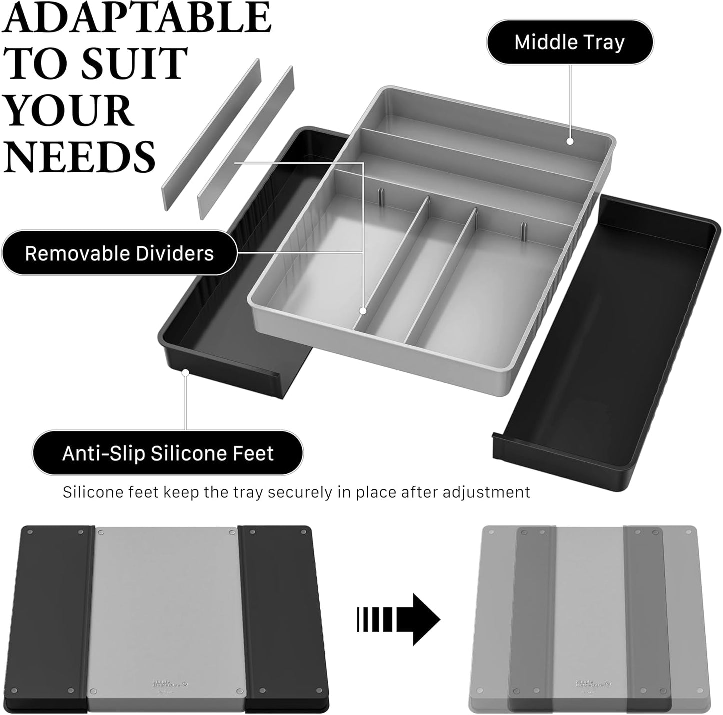 Expandable Kitchen Drawer Flatware Organizer, Gray | Expandable Kitchen Drawer Flatware Organizer, Gray – Adjustable Cutlery Tray with 9 Compartments for Utensils and Silverware