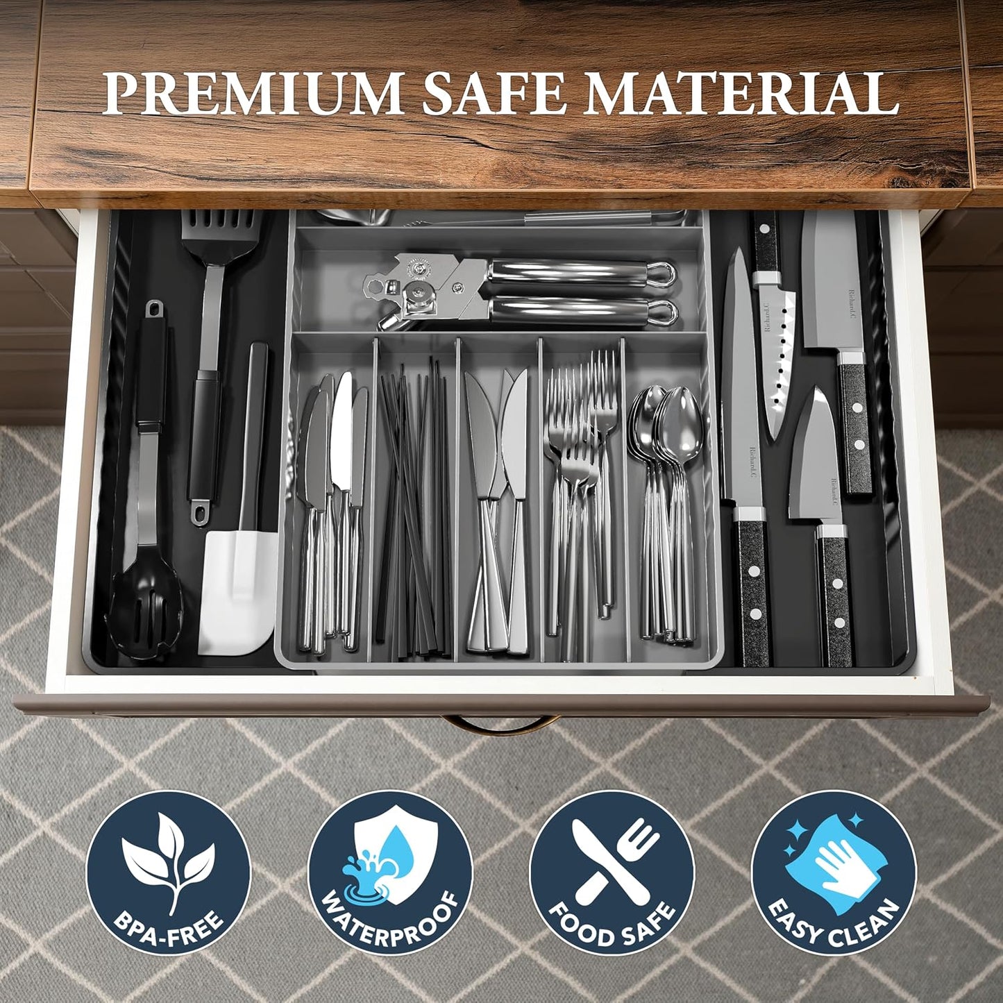 Expandable Kitchen Drawer Flatware Organizer, Gray | Expandable Kitchen Drawer Flatware Organizer, Gray – Adjustable Cutlery Tray with 9 Compartments for Utensils and Silverware