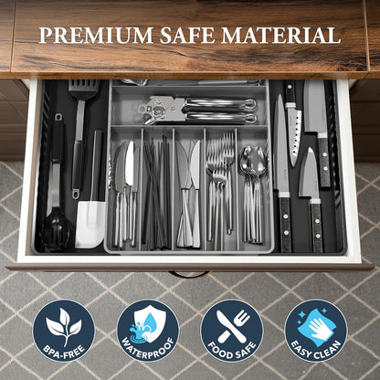 Expandable Kitchen Drawer Flatware Organizer, Gray | Expandable Kitchen Drawer Flatware Organizer, Gray – Adjustable Cutlery Tray with 9 Compartments for Utensils and Silverware