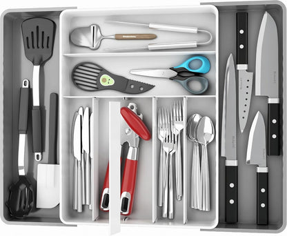 Expandable Kitchen Drawer Flatware Organizer, Gray | Expandable Kitchen Drawer Flatware Organizer, Gray – Adjustable Cutlery Tray with 9 Compartments for Utensils and Silverware