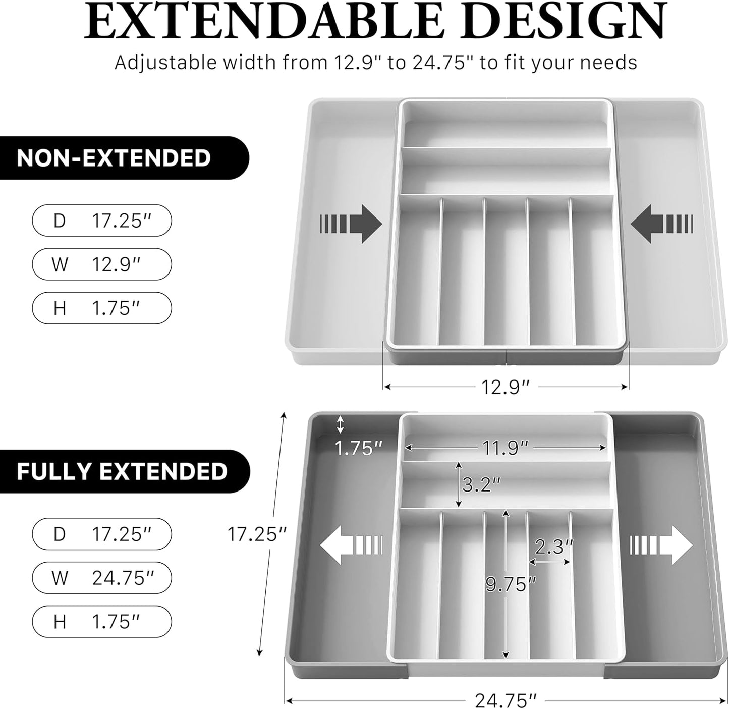 Expandable Kitchen Drawer Flatware Organizer, Gray | Expandable Kitchen Drawer Flatware Organizer, Gray – Adjustable Cutlery Tray with 9 Compartments for Utensils and Silverware