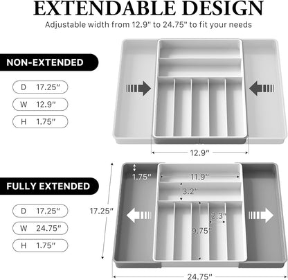 Expandable Kitchen Drawer Flatware Organizer, Gray | Expandable Kitchen Drawer Flatware Organizer, Gray – Adjustable Cutlery Tray with 9 Compartments for Utensils and Silverware