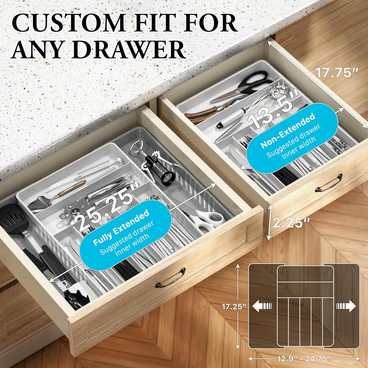 Expandable Kitchen Drawer Flatware Organizer, Gray | Expandable Kitchen Drawer Flatware Organizer, Gray – Adjustable Cutlery Tray with 9 Compartments for Utensils and Silverware