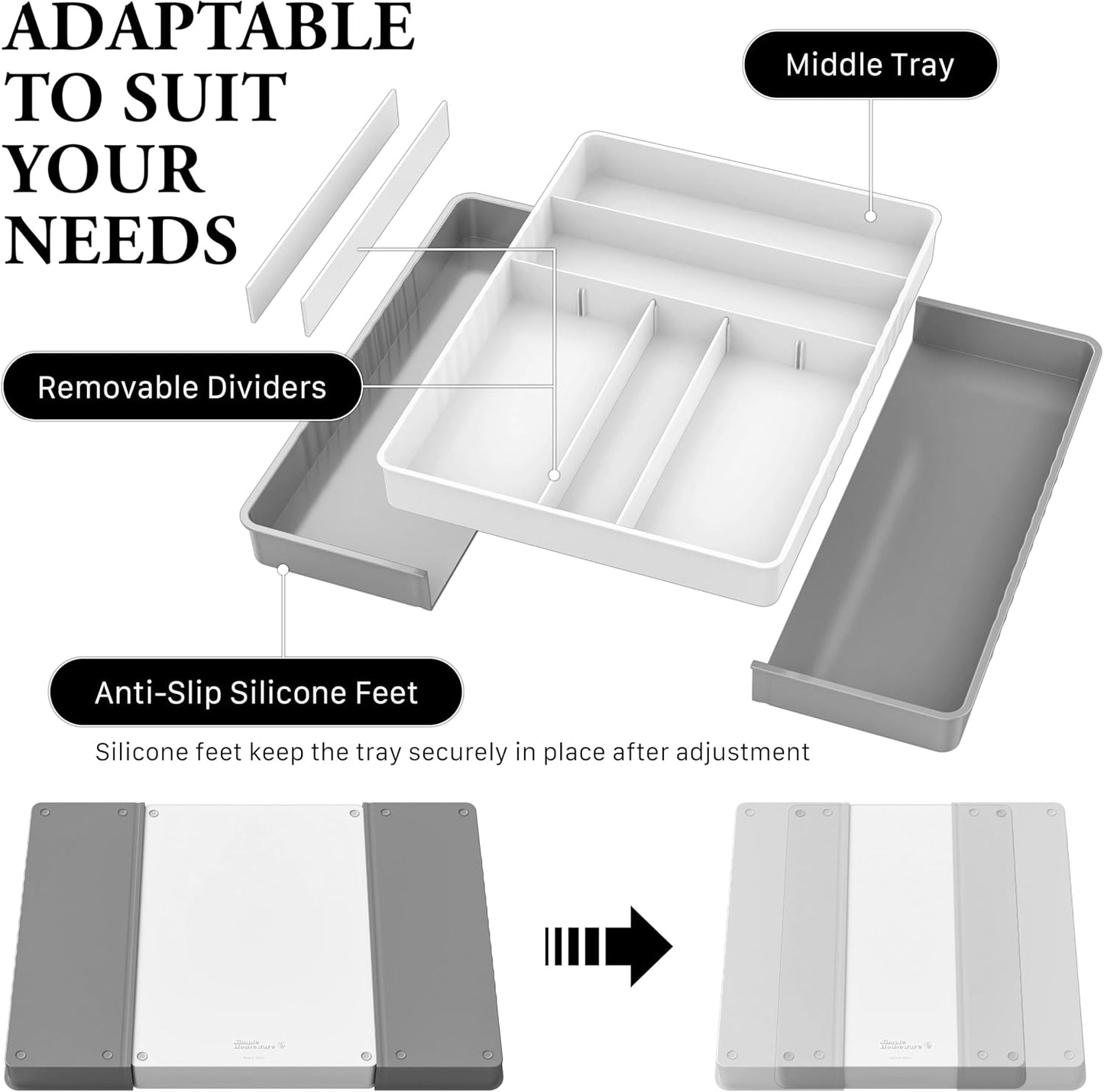 Expandable Kitchen Drawer Flatware Organizer, Gray | Expandable Kitchen Drawer Flatware Organizer, Gray – Adjustable Cutlery Tray with 9 Compartments for Utensils and Silverware