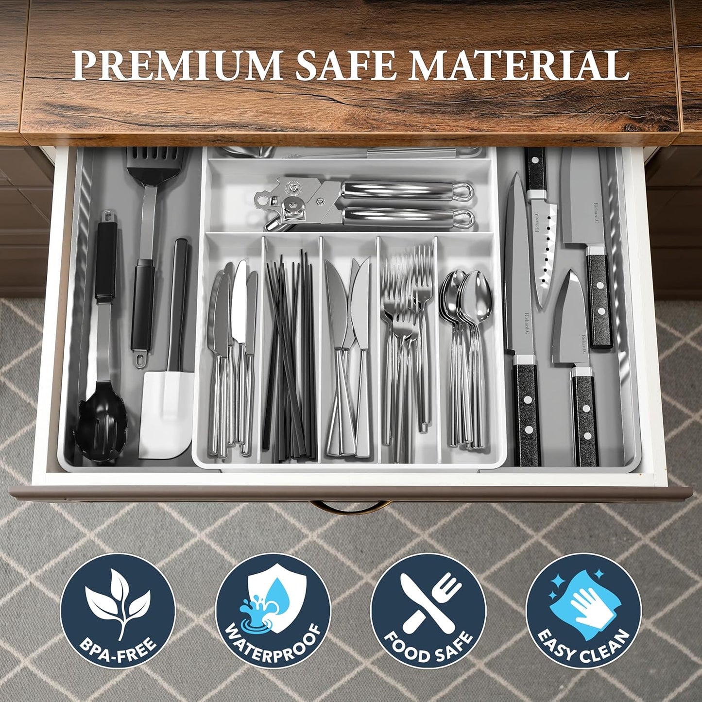 Expandable Kitchen Drawer Flatware Organizer, Gray | Expandable Kitchen Drawer Flatware Organizer, Gray – Adjustable Cutlery Tray with 9 Compartments for Utensils and Silverware